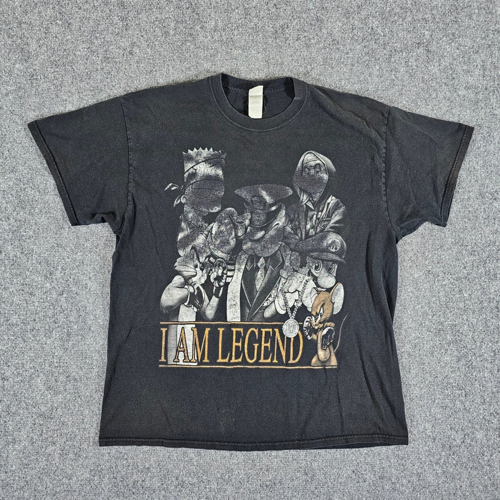"I Am Legend" Cartoon Characters Graphic Print T Shirt Black Men's Size XL Faded